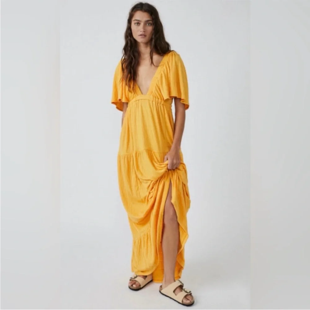 Free People Beach LaLa Maxi Dress Bird of Yellow Boho NWT Small - Picture 10 of 10